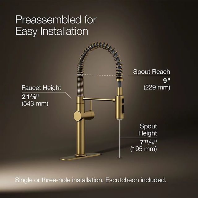 KOHLER® Crue® Vibrant Brushed Moderne Brass Semi-Professional Kitchen Sink Faucet with 3-Function Sprayhead-2