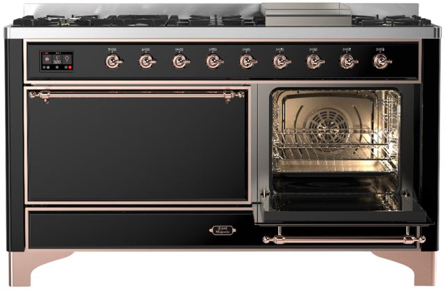 Ilve® Majestic III 60" Glossy Black Pro Style Dual Fuel Liquid Propane Range with Solid Door and Copper Trim-2
