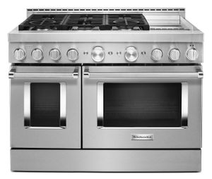front view of the KitchenAid® 48" Stainless Steel Commercial Style Freestanding Gas Range