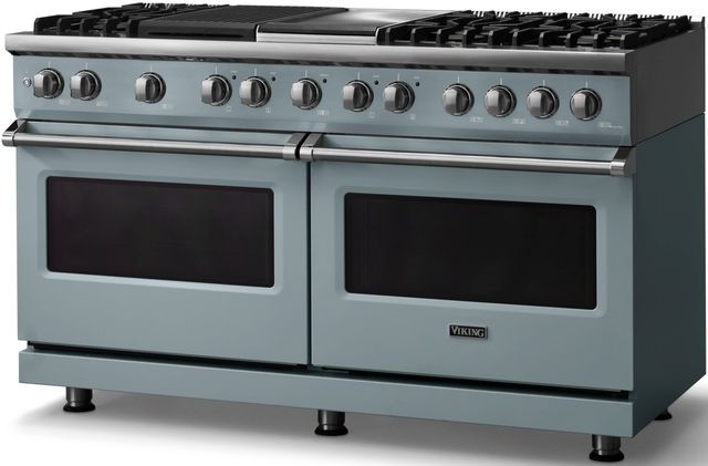 Viking® 5 Series 60" Novembery Sky Pro Style Dual Fuel (NG) Range with Polished Chrome Trim-2