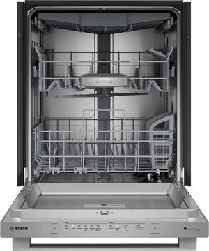 Bosch 800 Series 24" Anti-Fingerprint Stainless Steel Top Control Built In Dishwasher Front view of the Bosch 800 Series 24" Anti-Fingerprint Stainless Steel Top Control Built In Dishwasher