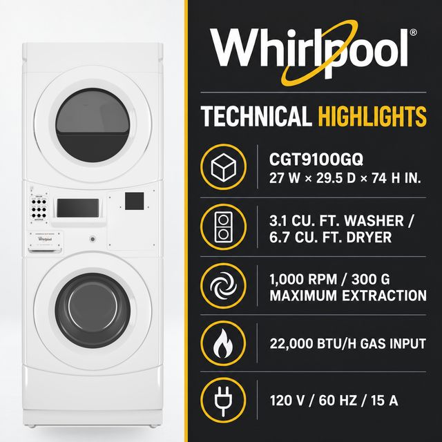 Whirlpool Commercial 3.1 Cu. Ft. Washer / 6.7 Cu. Ft. Gas Dryer Stack - Card-Reader-Ready / Non-Vend, White-4