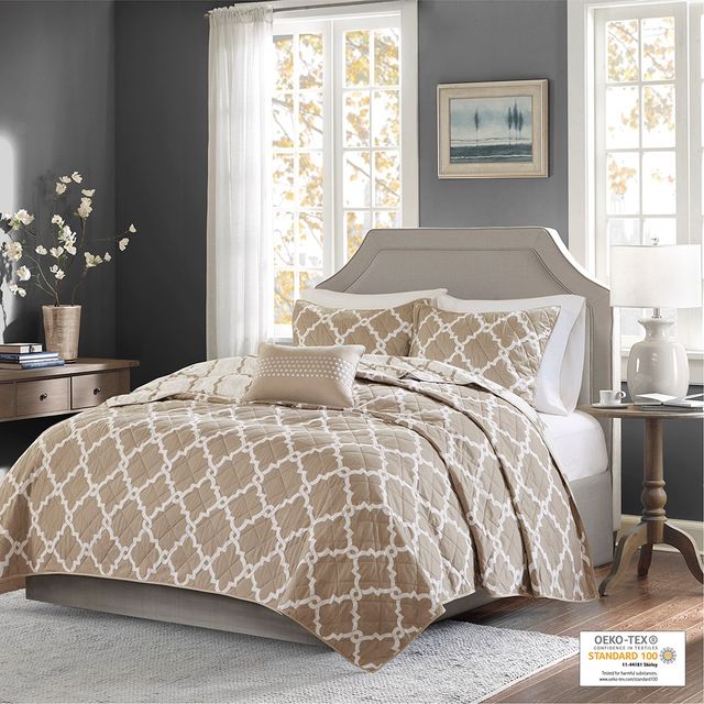 Olliix by Madison Park Essentials Merritt 4 Piece Taupe Full/Queen Reversible Coverlet Set-0