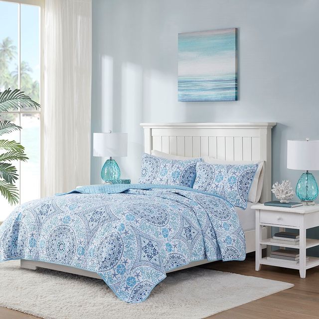 Olliix by 510 Design Breeze 3 Piece Printed Cotton Filled Blue Full/Queen Coverlet Set-1