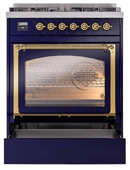 Ilve® Nostalgie II Noblesse 30" Midnight Blue Pro Style Dual Fuel Range with Brass Trim-3