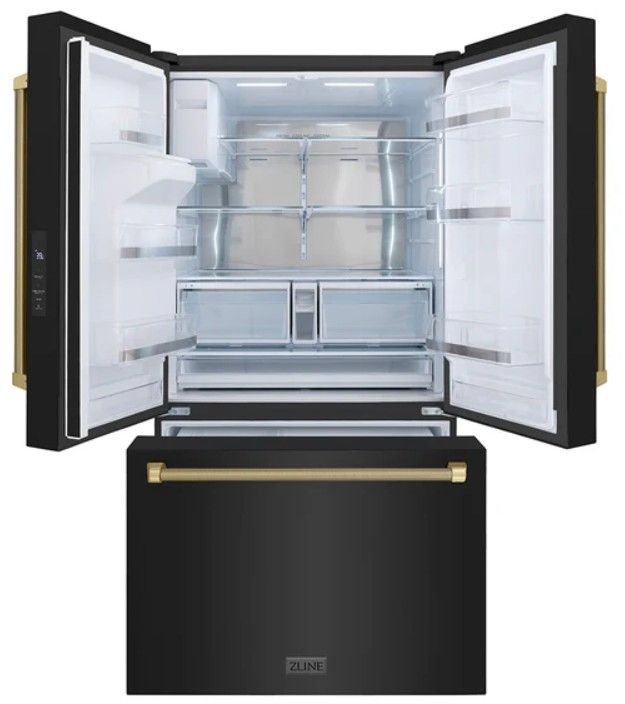 ZLINE Autograph Edition 36" 28.9 Cu. Ft. Black Stainless Steel Standard-Depth French Door Fingerprint-Resistant Refrigerator with External Water Dispenser and Dual Ice Maker in Champagne Bronze Helix Handles-1
