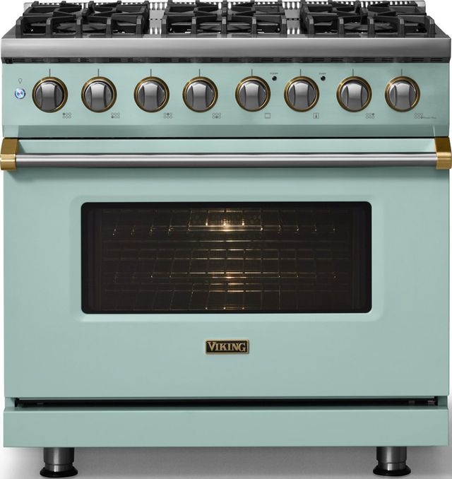 Viking® 5 Series 36" Splash Pro Style Dual Fuel (LP) Range with Brushed Brass Trim-2