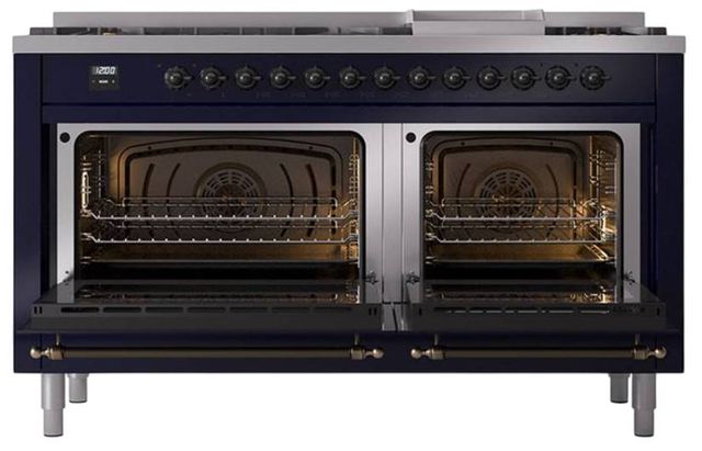 Ilve® Nostalgie II Noblesse 60'' Midnight Blue Pro Style Dual Fuel Range with Burnished Trim-2