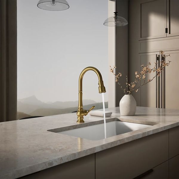 KOHLER® Artifacts® Vibrant Brushed Moderne Brass Kitchen Sink Faucet with 3-Function Sprayhead-2