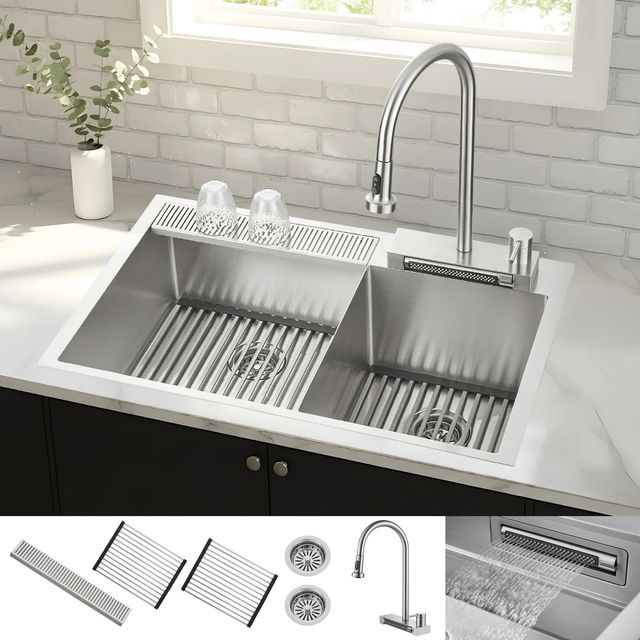 Forno Acqua MultiSINK Stainless Steel 33" Dual Mount Double Bowl Sink with Waterfall Faucet-0