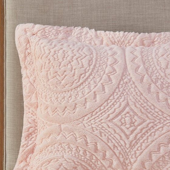 Olliix by Madison Park Arya Blush King/California King Embroidered Medallion Faux Fur Ultra Plush Comforter Mini Set-1