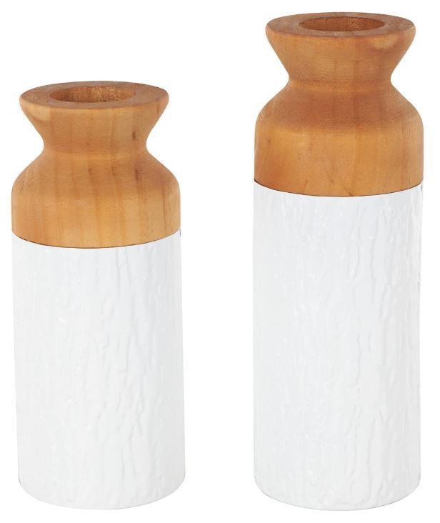 Deco Marche 2-Piece White Abstract Decorative Vase with Brown Wood Tops Set-0