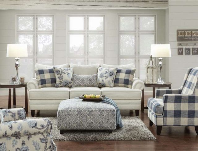 Fusion Furniture Catalina Linen Blue/White Cocktail Ottoman-1