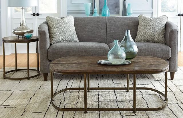 Hammary® Leone Weathered Barn Round End Table with Antique Brass Base-1
