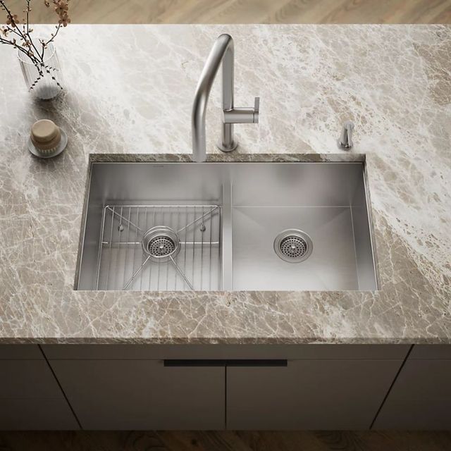KOHLER® Vault™ Stainless Steel Smart Divide® 33" 4-Faucet Hole Top/Undermount Double Equal-Bowl Kitchen Sink-1