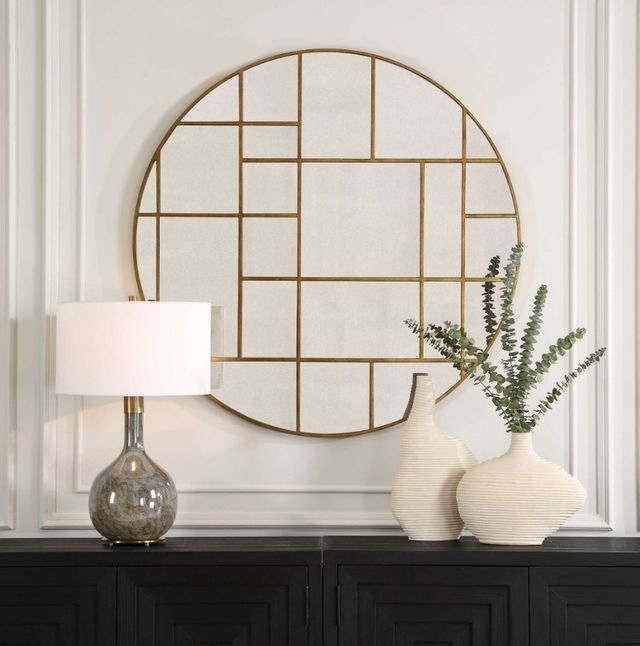 Uttermost® Geometric Antiqued Gold Round Mirror-1