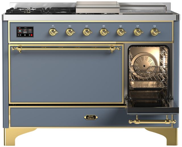 Ilve® Majestic III 48" Blue Gray Pro Style Dual Fuel Natural Gas Range with 5 Black Brass Burners and Brass Trim-3