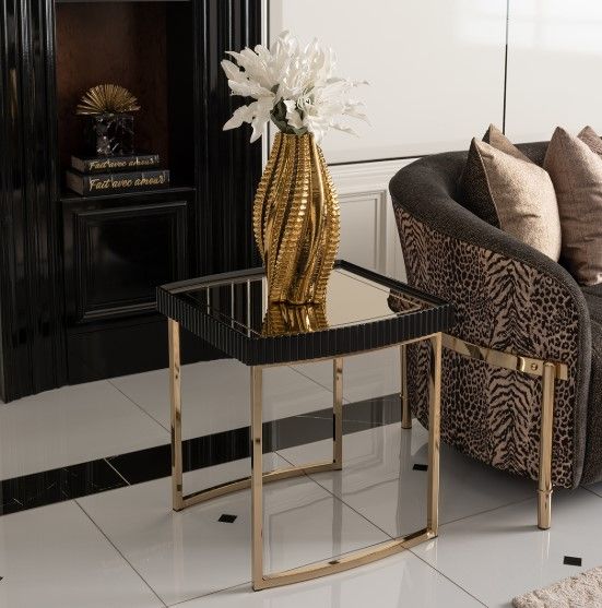 Michael Amini® Lisbon Mirrored Silken Matte Black Side Table with Gold Base-1
