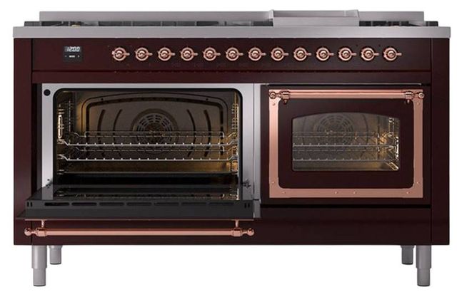 Ilve® Nostalgie II Noblesse 60'' Burgundy Pro Style Dual Fuel Range with Copper Trim-3