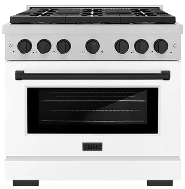 ZLINE Autograph Edition 36 in. 5.2 cu. ft. Paramount Gas Range with 6 Burner DuoPro™ Cooktop and Convection Gas Oven in Satin Stainless Steel with White Matte Door and Matte Black Accents (PSGRSZ-WM-36-MB)