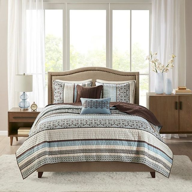 Olliix by Madison Park Blue King/California King Princeton 5 Piece Reversible Jacquard Coverlet Set-4
