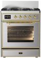 Ilve® Majestic III 30" Stainless Steel Pro Style Dual Fuel Natural Gas Range with 5 Black Brass Burners and Brass Trim-0