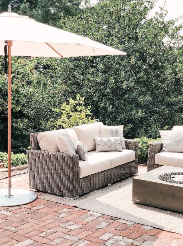 Sunset West Coronado Driftwood Resin Wicker Outdoor Loveseat with Canvas Flax Cushion-4