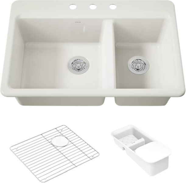 KOHLER® Riverby® Biscuit 33" 3-Faucet Hole Top-Mount Double-Bowl Workstation Kitchen Sink-0