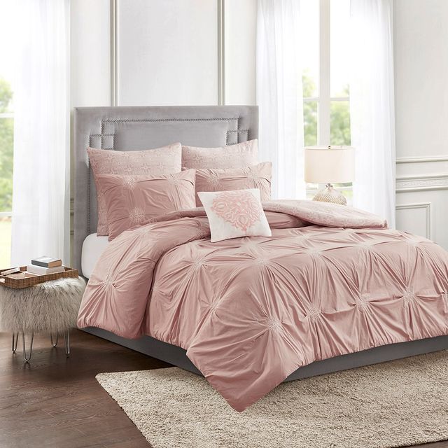 Olliix by Madison Park Malia 6 Piece Embroidered Cotton Reversible Blush Full/Queen Comforter Set-0