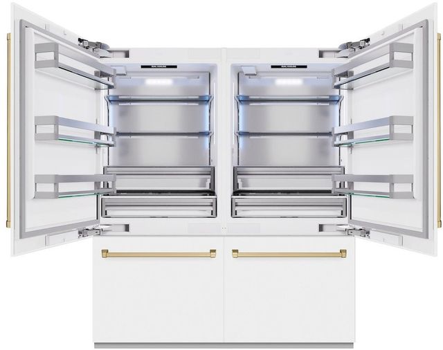 ZLINE Autograph Edition 72" 39.6 Cu. Ft. White Matte Built-In French Door Refrigerator with Water Dispensers, Ice Makers, and Champagne Bronze Accents-1