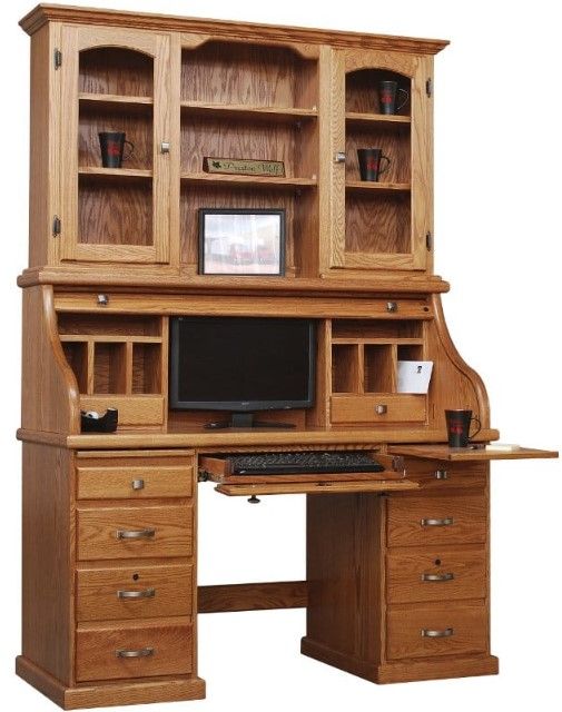 Wolfcraft Furniture Classic Brown 54" Desk with 54" Split Cubby Roll Top and Hutch-2