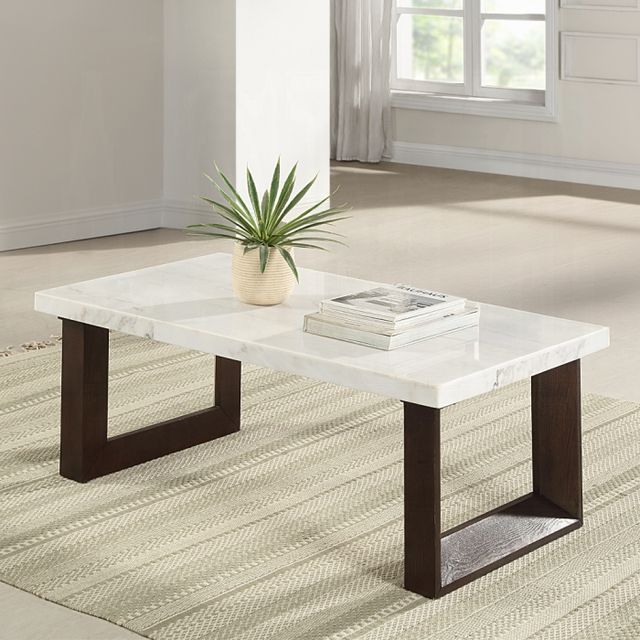 ACME Furniture Edwyn White Marble Top Coffee Table with Brown Base-1