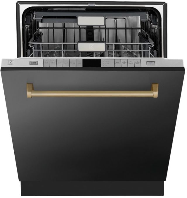 Zline Autograph Edition 24" Black Stainless Steel Third Rack Top Touch Control Tall Tub Built-In Dishwasher with Champagne Bronze Handle-2