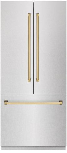 ZLINE Autograph Edition 36" 19.8 Cu. Ft Satin Stainless Steel Built In French Door Refrigerator with Polished Gold Accents-0