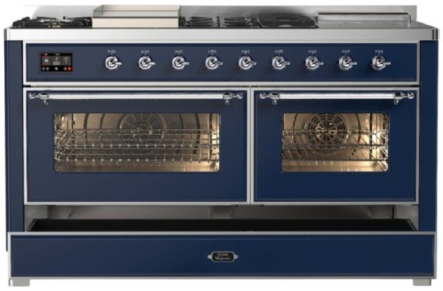 Ilve® Majestic III 60" Midnight Blue Pro Style Dual Fuel Natural Gas Range with French Top and Chrome Trim-2
