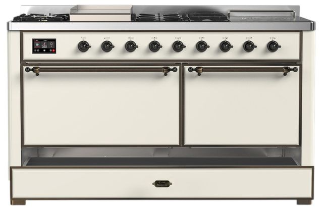 Ilve® Majestic III 60" Antique White Pro Style Dual Fuel Natural Gas Range with Griddle and Burnished Trim-2