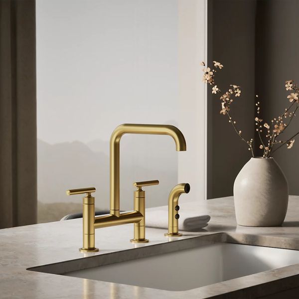 KOHLER® Purist® Vibrant Brushed Moderne Brass 2-Hole Bridge Kitchen Sink Faucet with Side Sprayer-1