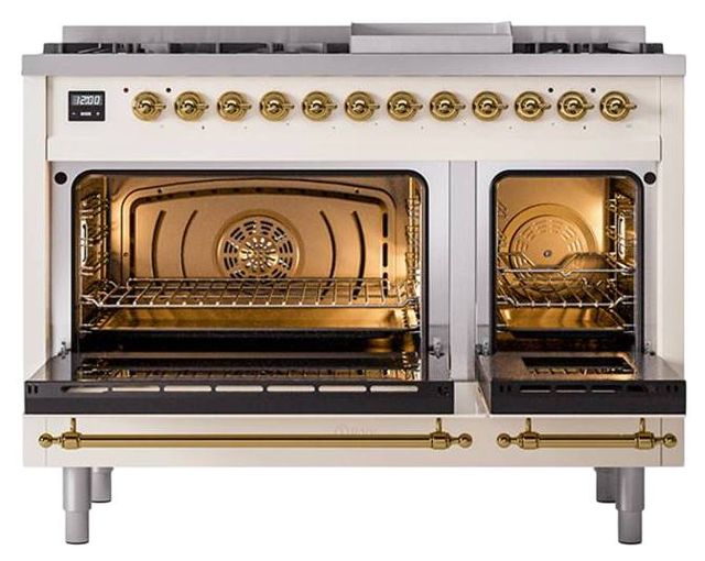 Ilve® Nostalgie II Noblesse 48'' Antique White Pro Style Dual Fuel Range with Brass Trim-2