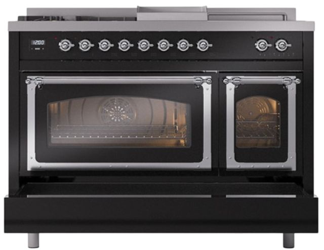 Ilve® Nostalgie II Noblesse 48'' Glossy Black Pro Style Dual Fuel Range with Chrome Trim-3