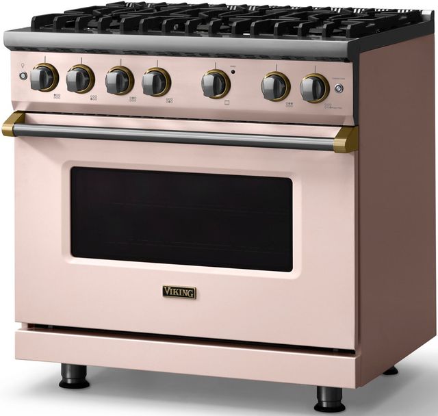 Viking® 5 Series 36" Blush Pro Style Gas (NG) Range with Brushed Brass Trim-2