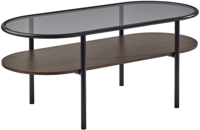 Adesso® Gavin Smoke Glass Top Coffee Table with Walnut Shelve and Metal Black Legs-0