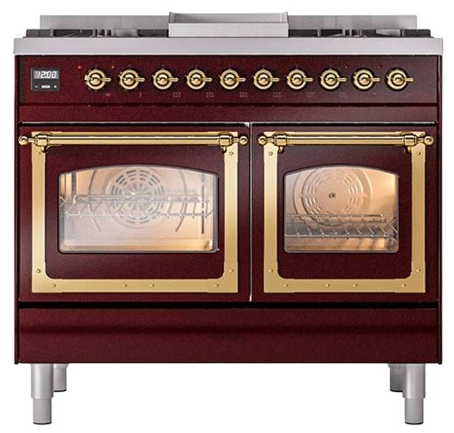 Ilve® Nostalgie II Noblesse 40'' Burgundy Pro Style Dual Fuel Range with Brass Trim-1