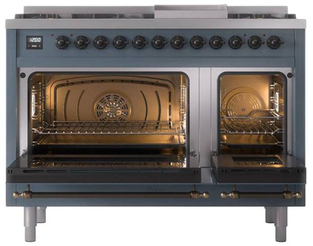 Ilve® Nostalgie II Noblesse 48'' Blue Gray Pro Style Dual Fuel Range with Burnished Trim-2