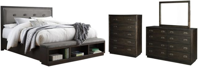 Signature Design by Ashley® Hyndell 4-Piece Dark Brown King Upholstered Panel Storage Bed Set-0