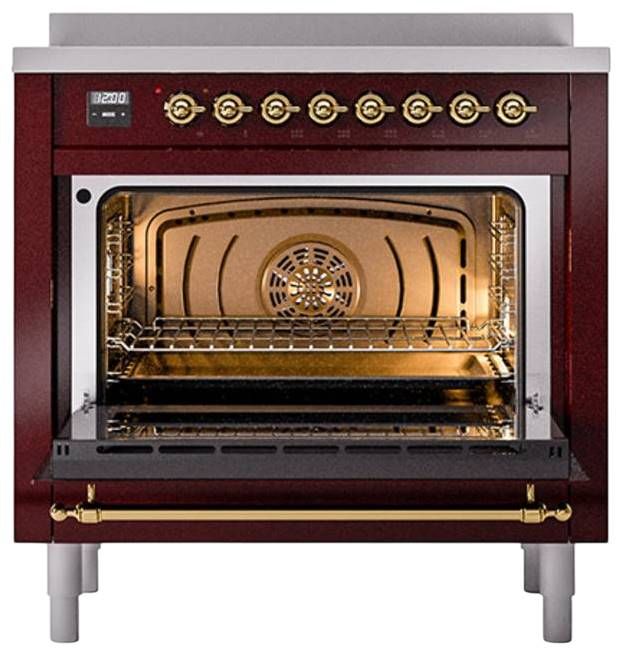 Ilve® Nostalgie II Noblesse 36'' Burgundy Pro Style Induction Range with Brass Trim-2