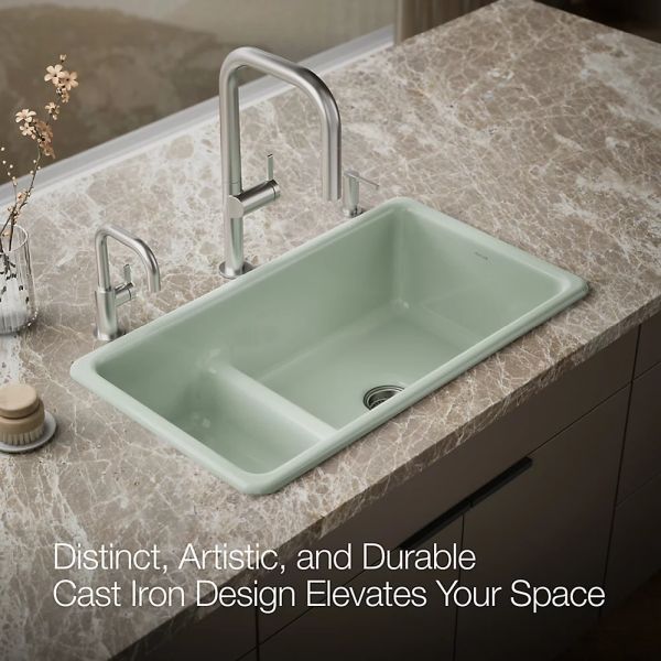 KOHLER® Iron/Tones® Aspen Green Smart Divide® 33" Top/Undermount Double Offset Bowl Kitchen Sink-4