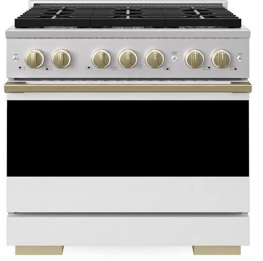 ZLINE Marino 36" Satin Stainless Steel Pro Style Gas Range with White Matte Door and Champagne Bronze Accents-0