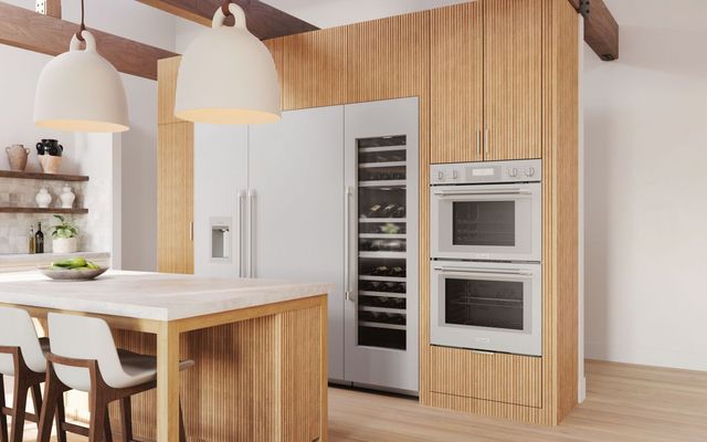 front view of a modern kitchen with a Thermador double steam oven
