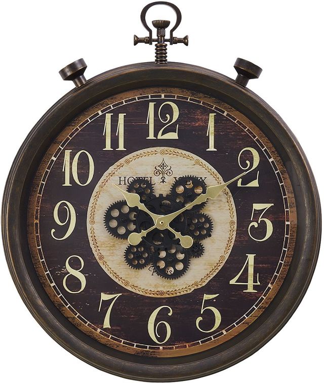 Monarch Specialties Inc. Brown 24" Round Wall Clock with Standard Numbers on Beige/Black Background-0