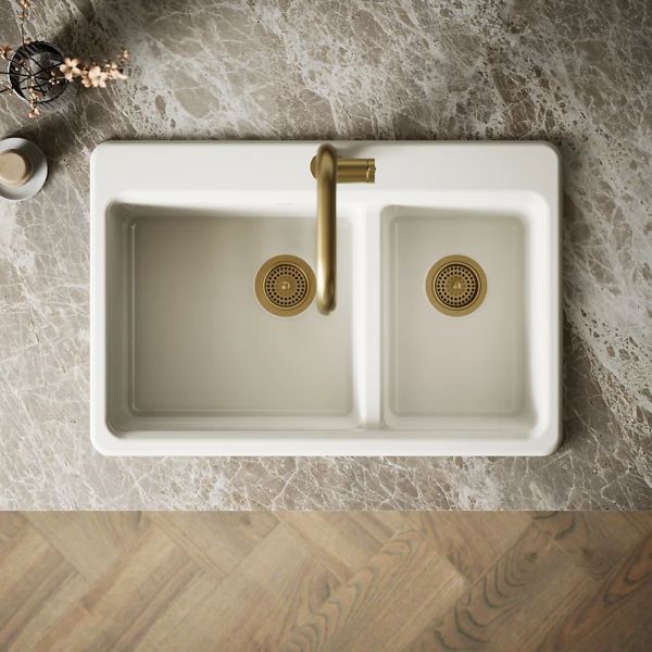 KOHLER® Riverby® Biscuit 33" 1-Faucet Hole Top-Mount Double-Bowl Workstation Kitchen Sink-2